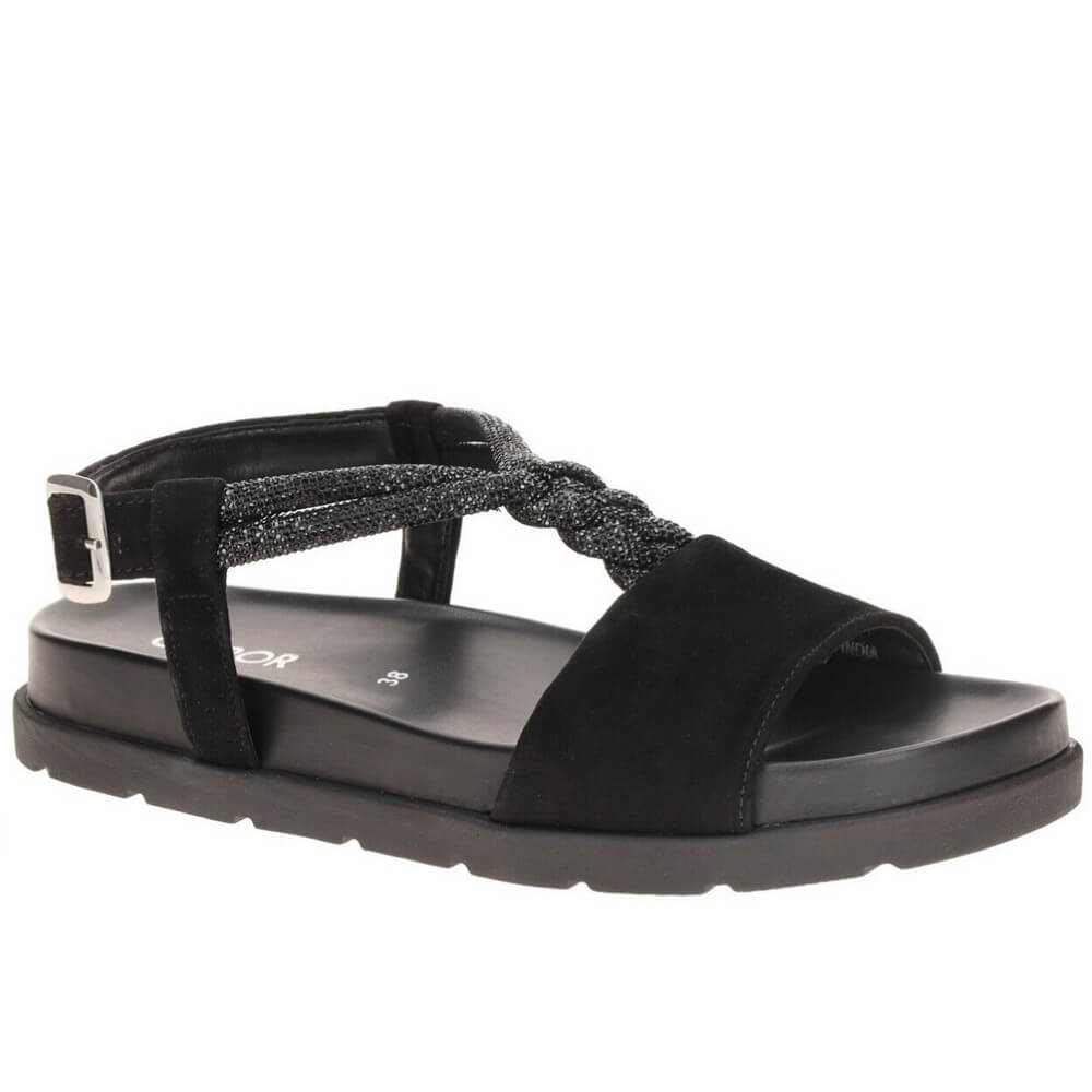 Gabor Black sandal with a braided strap on a white background