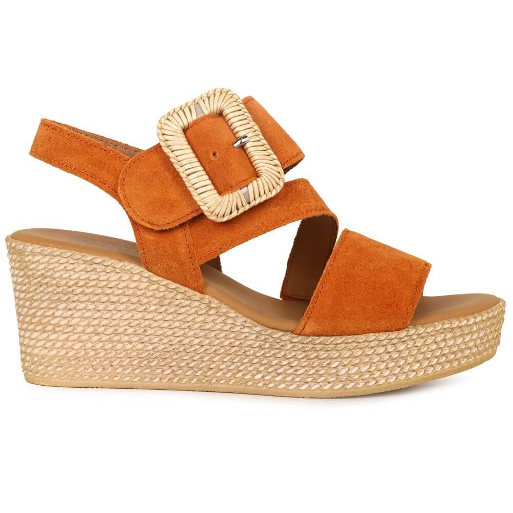 Gabor Orange wedge sandal with a woven strap on a white background