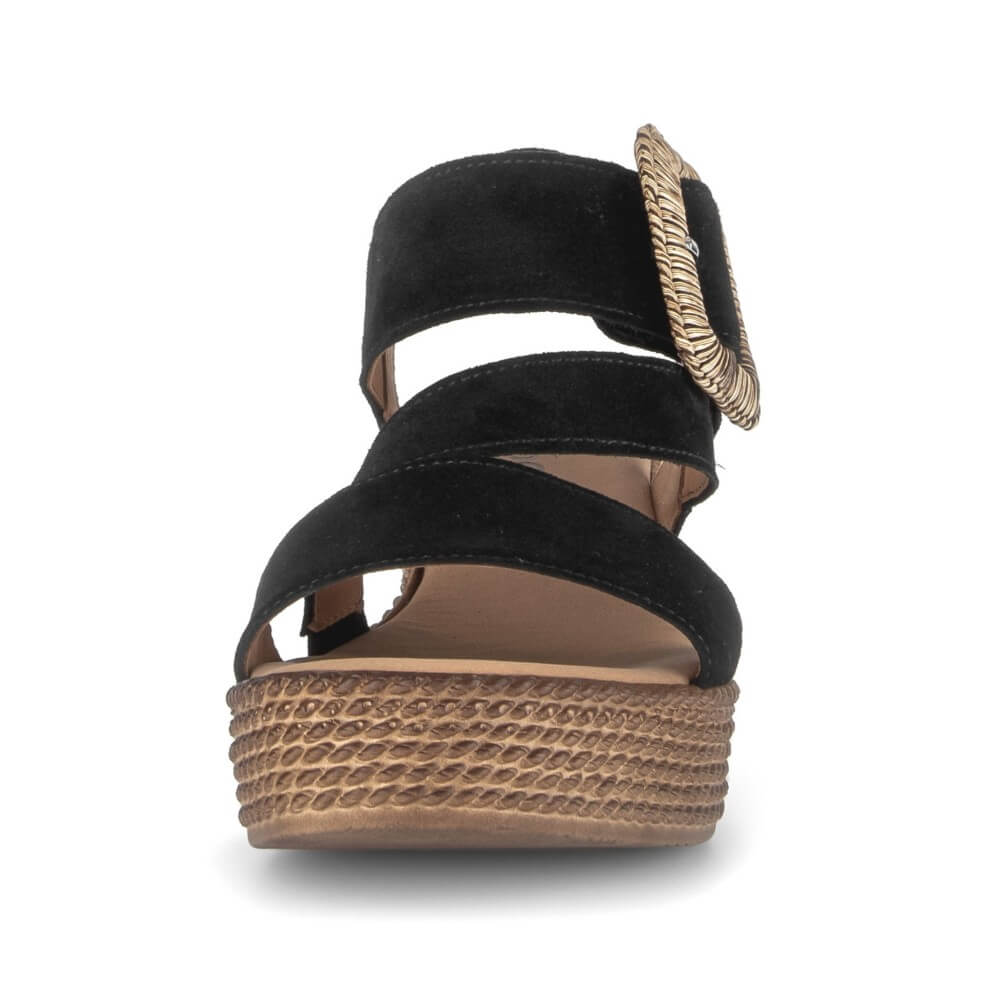 Gabor Black wedge sandal with a woven buckle and a platform on a white background