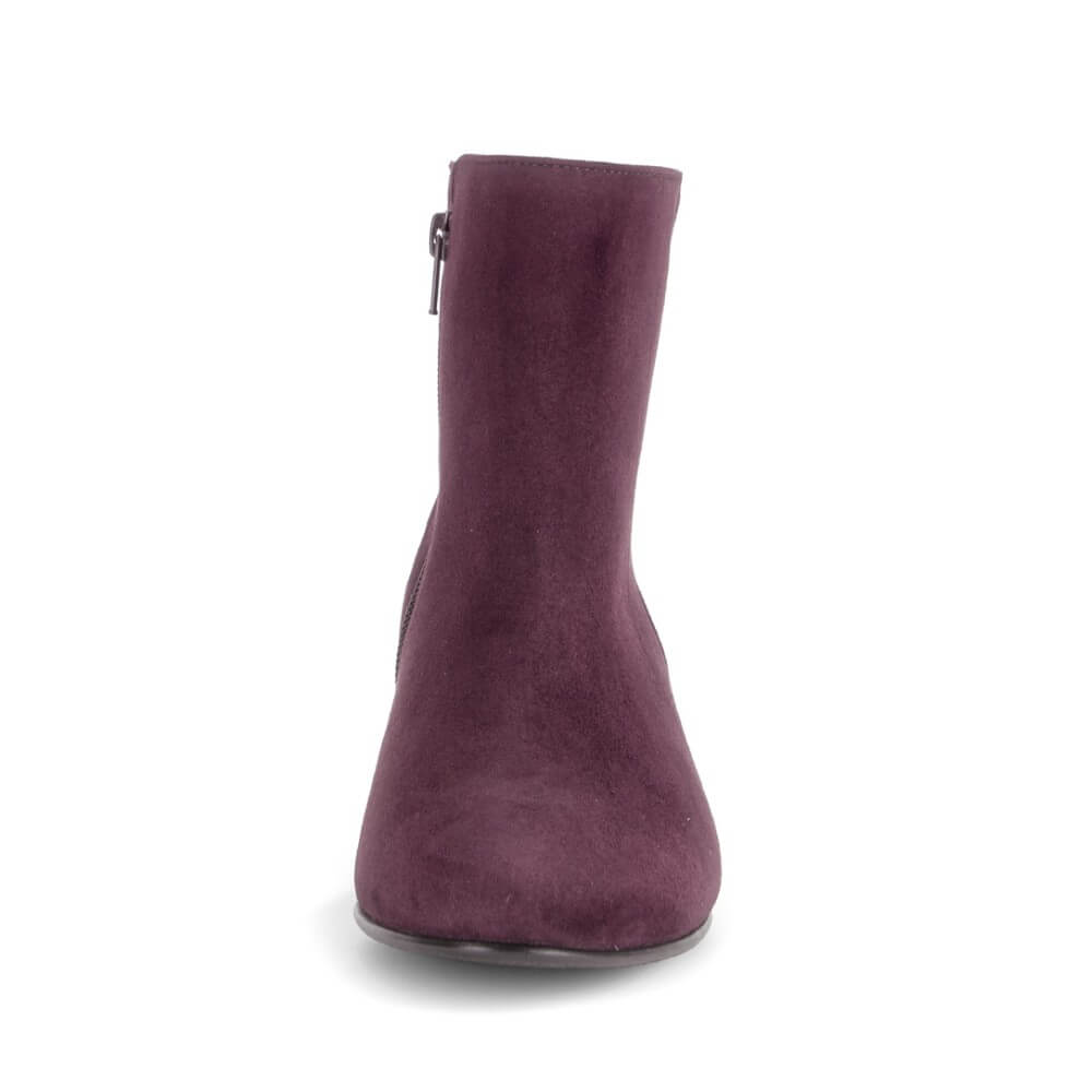 A Gabor dark plum purple suede ankle boot with a side zipper, shown from a front-facing perspective on a white background.