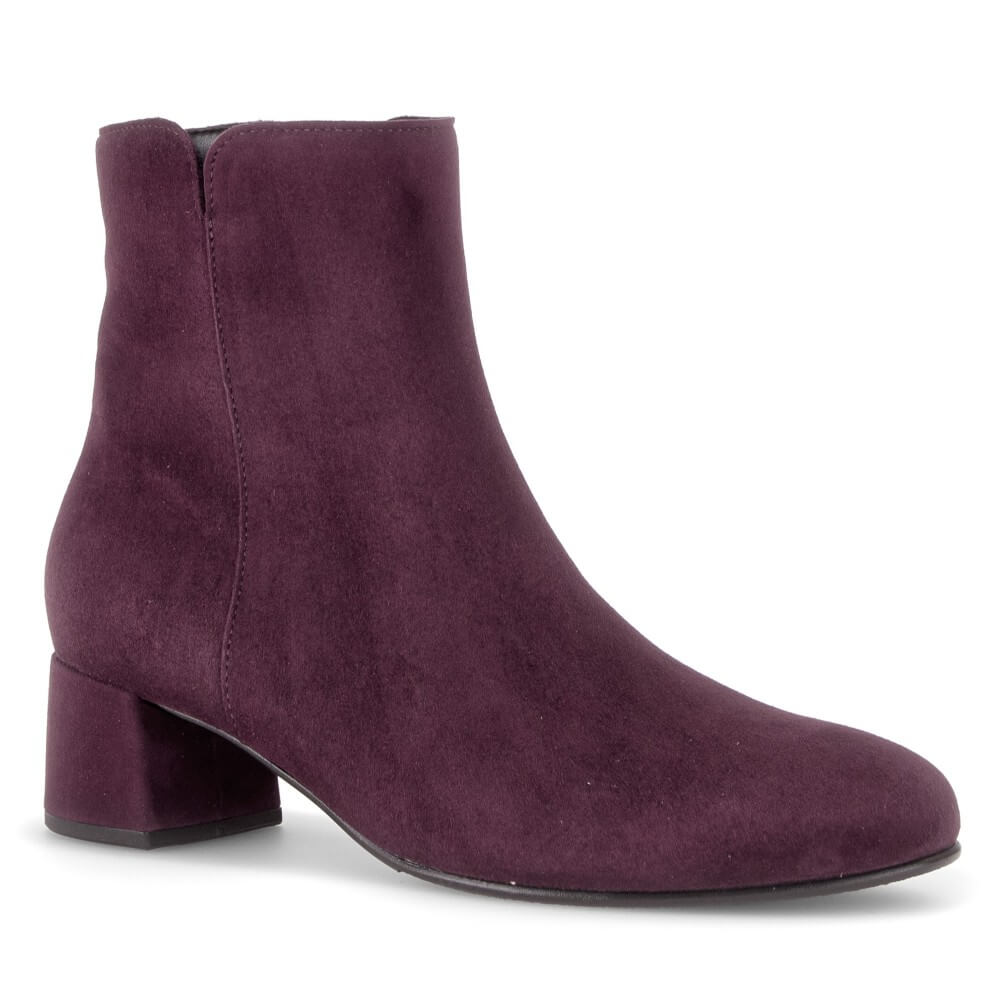 A Gabor single dark purple suede ankle boot with a chunky block heel, shown from a side profile on a white background.