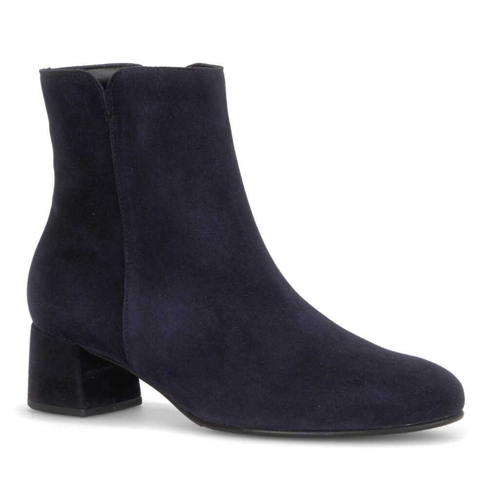 A Gabor navy blue suede ankle boot with a low block heel and rounded toe, shown from a side profile on a white background.