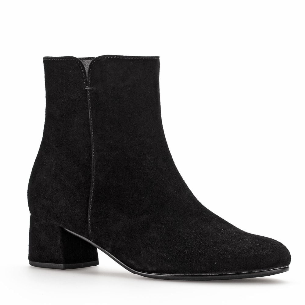 A Gabor black suede ankle boot with a block heel and rounded toe, shown from a side profile on a white background.