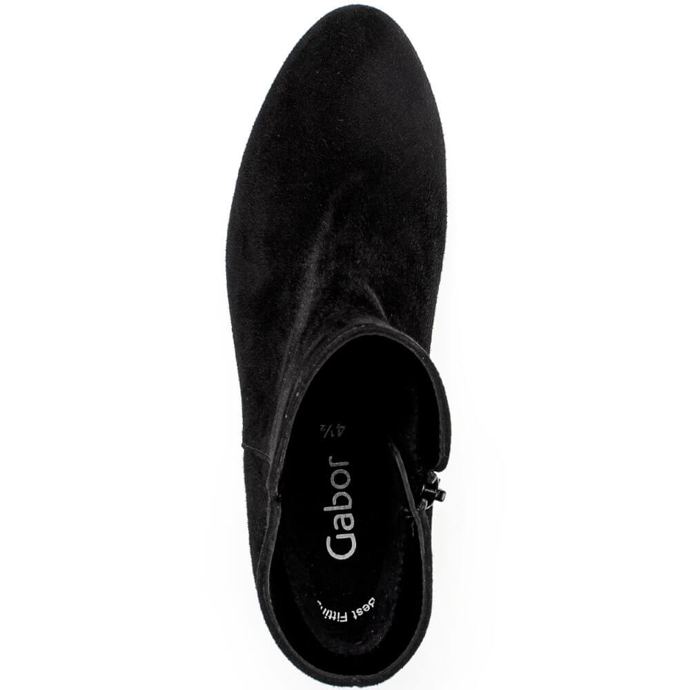 A single black suede ankle boot shown from a top-down view on a plain white background, with the brand name 'Gabor' printed on the inner sole.
