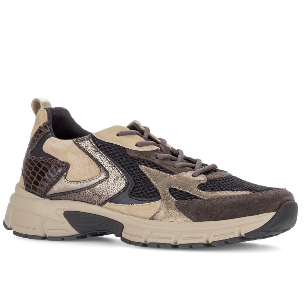A Gabor low-top athletic sneaker in beige, brown, and black, featuring a mix of textured materials including mesh, suede, and snakeskin print, with a chunky beige and black sole.