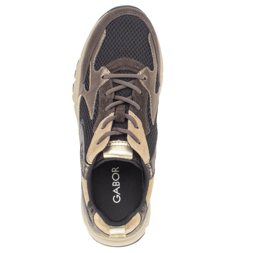 A single GABOR sneaker shown from a top-down view on a solid white background. The shoe features a dark brown and black mesh upper with metallic gold accents on the collar, laces, and midsole.