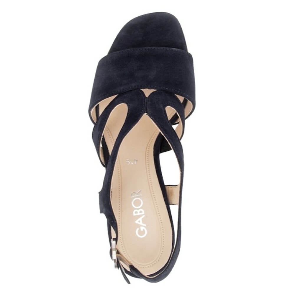Gabor Navy blue sandal with a block heel on a white background