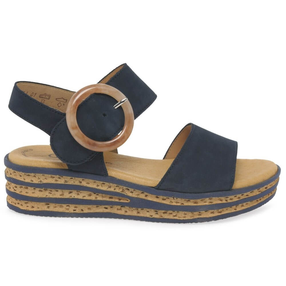 Gabor Navy sandal with large buckle on a white background