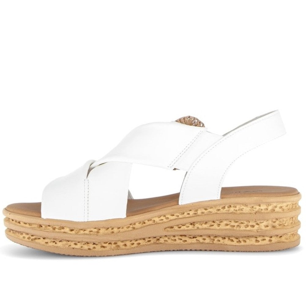 Gabor White sandal with wooden wedge sole on a white background
