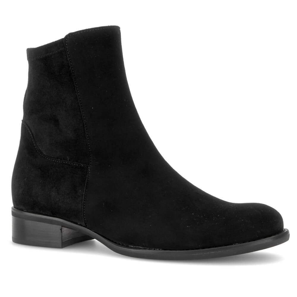 A Gabor black suede ankle boot with a low block heel, shown from a side profile view on a white background.
