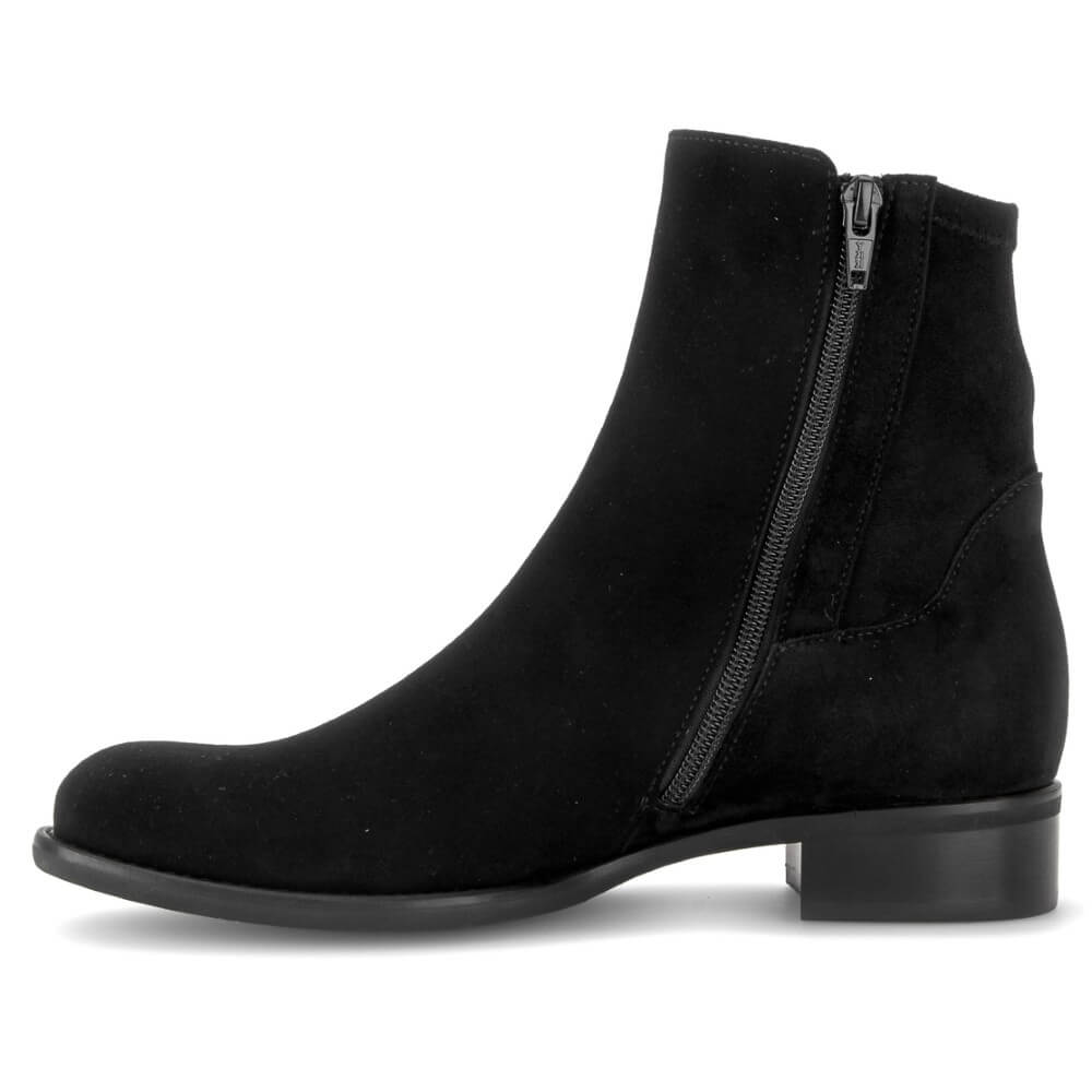A Gabor black suede ankle boot with a side zipper, low block heel, and rounded toe, shown from a side profile on a white background.