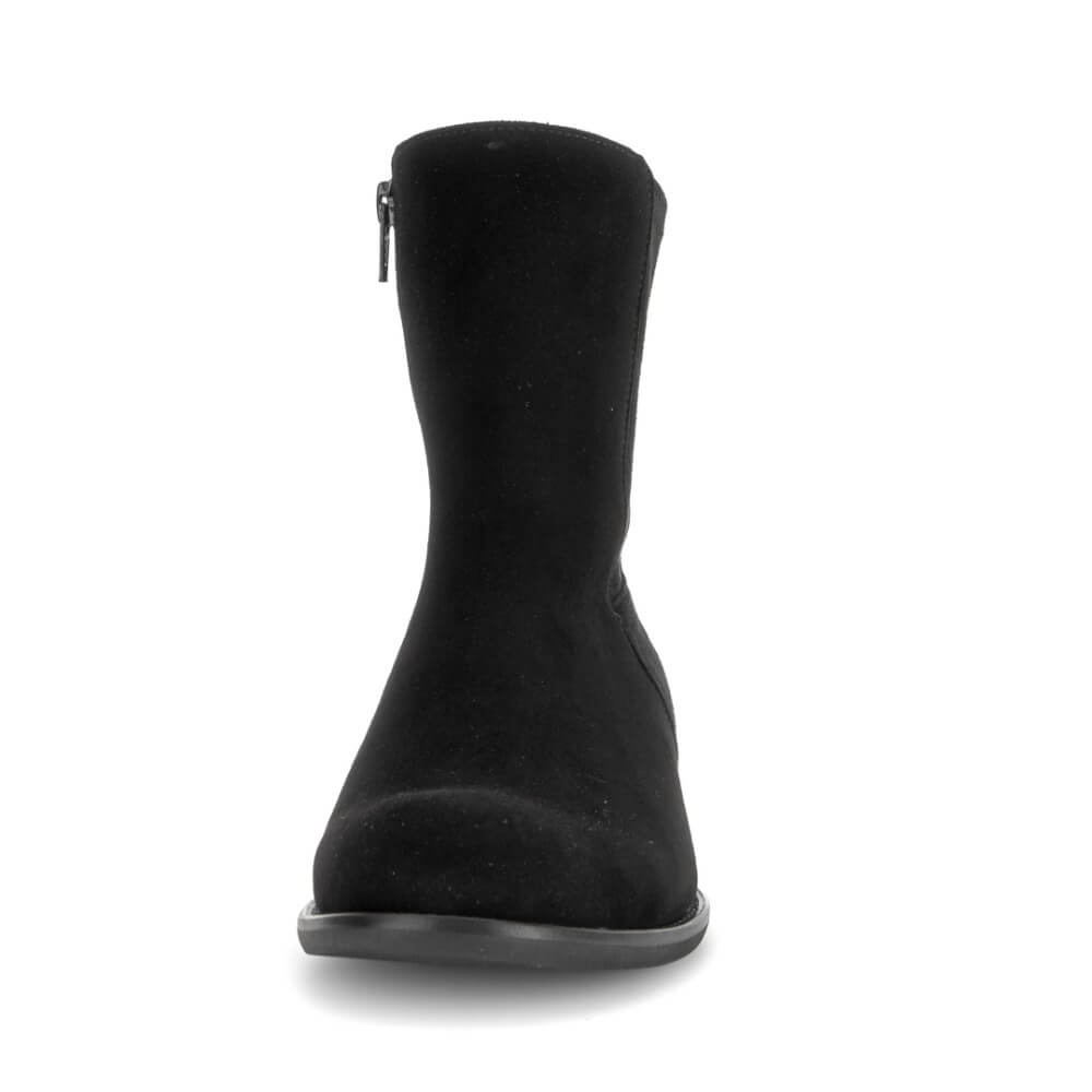 A single black suede ankle boot shown from the front on a clean white background, featuring a side zipper.