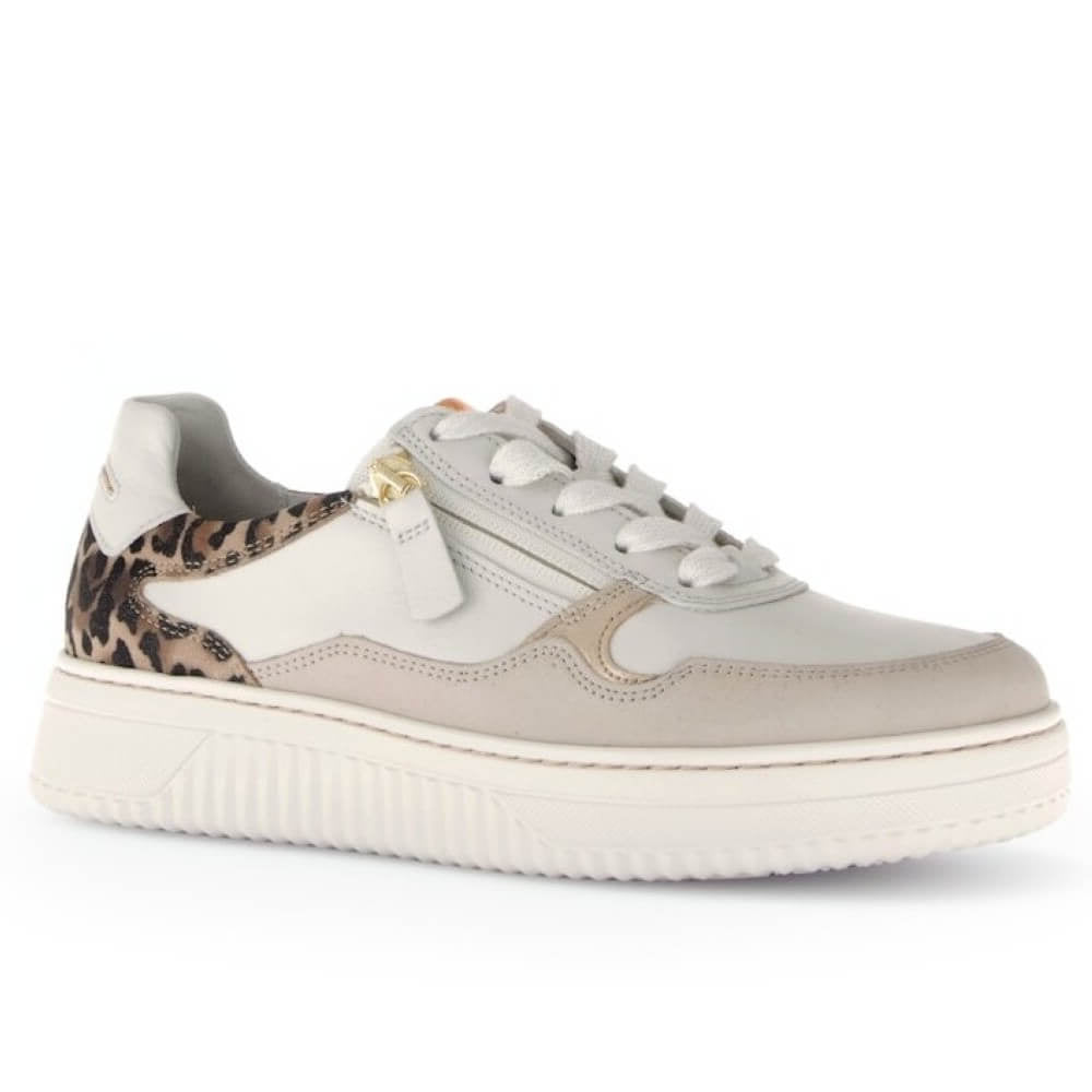 beige and off white lace-up with a side zip leopard heel detail