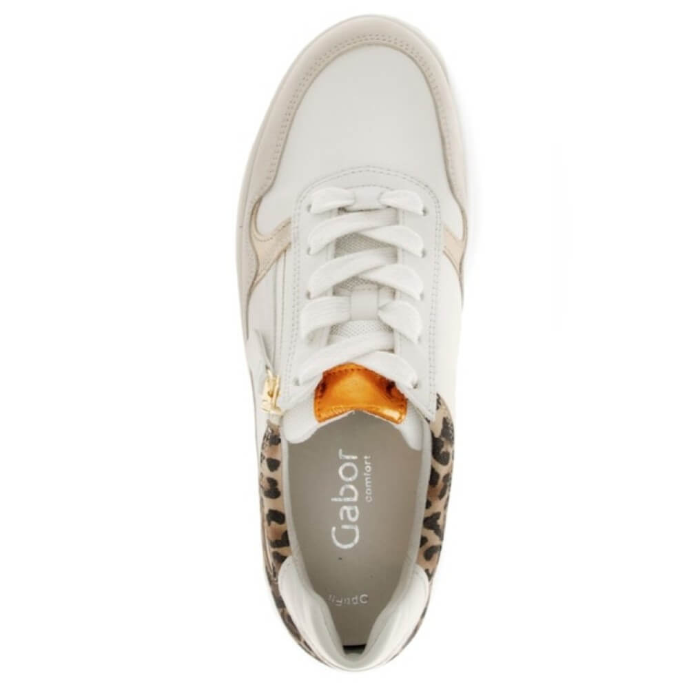 White sneaker with leopard print sole and 'Gabor' branding on a white background