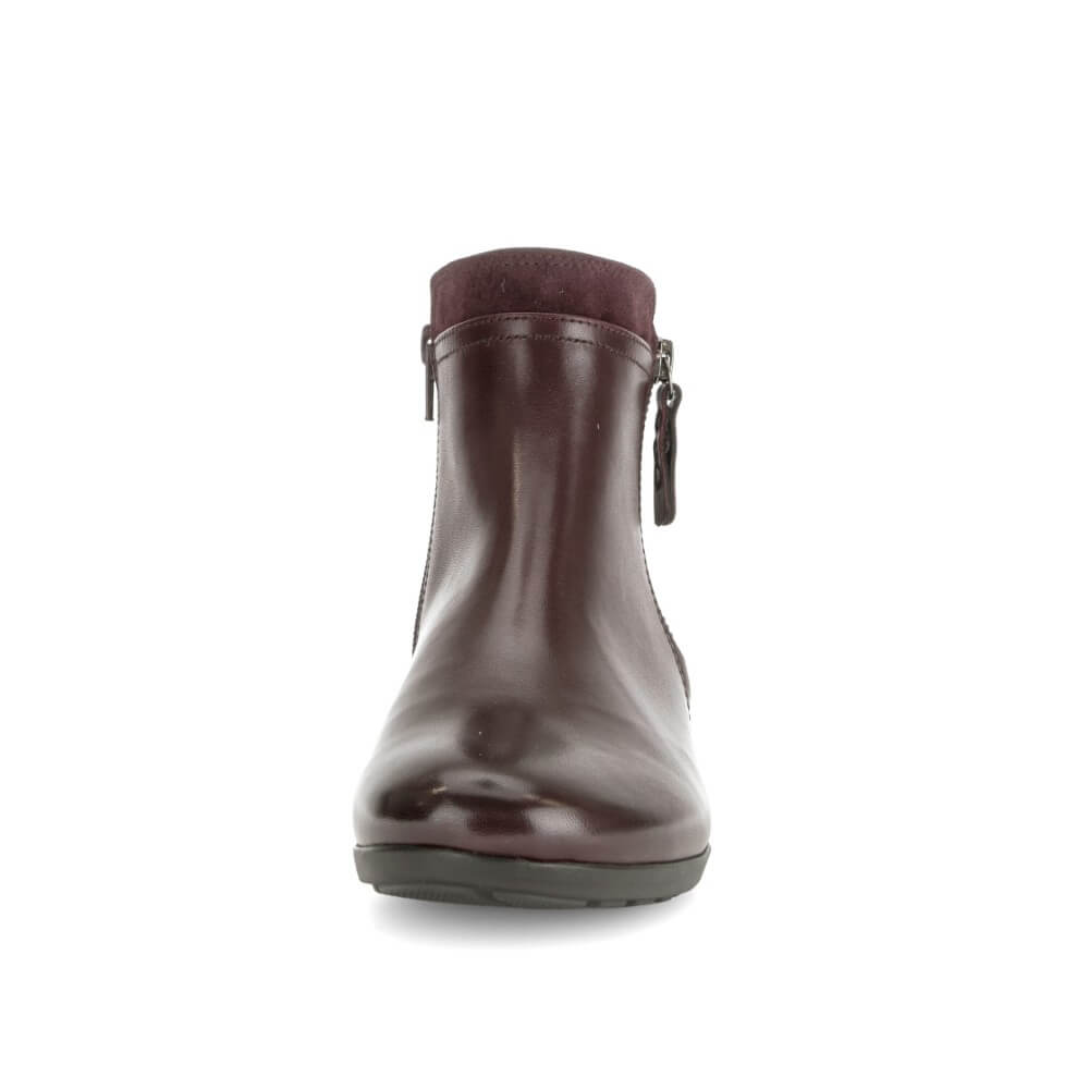 A Gabor single dark burgundy leather ankle boot with a side zipper, shown from a front-facing perspective on a solid white background.