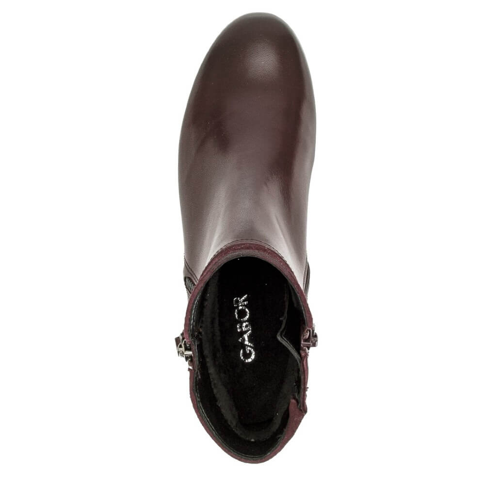 A Gabor dark brown leather ankle boot shown from a top-down view on a white background, featuring a black interior with the brand name 'KOKOTO' printed in silver.