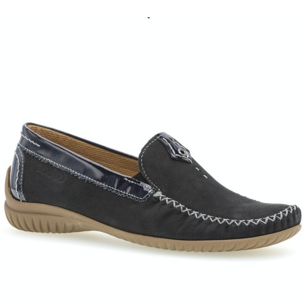 Gabor Navy Moccasin loafer shoe with white stitching on a white background