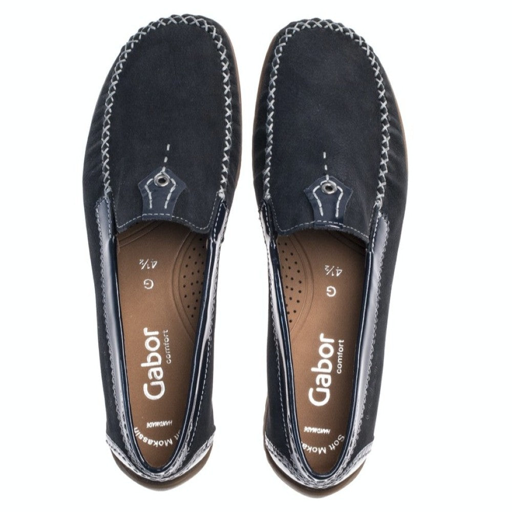Gabor Navy Moccasin loafer shoes with white stitching on a white background