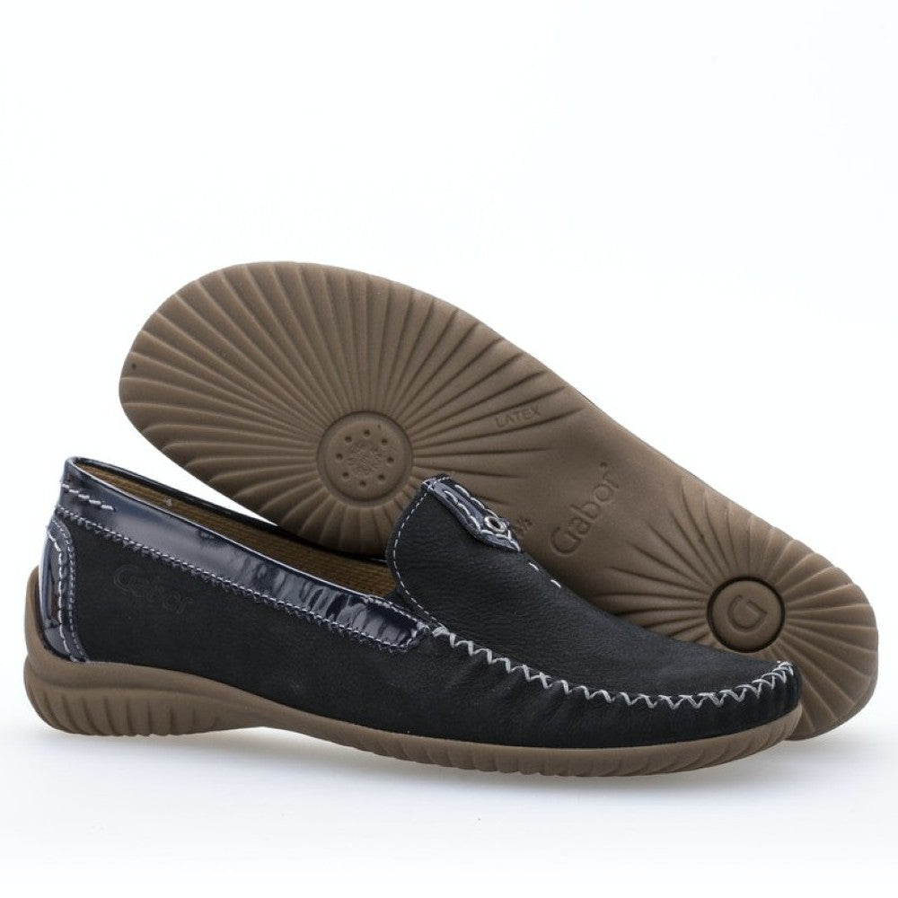 Gabor Navy Moccasin loafer shoes with white stitching on a white background