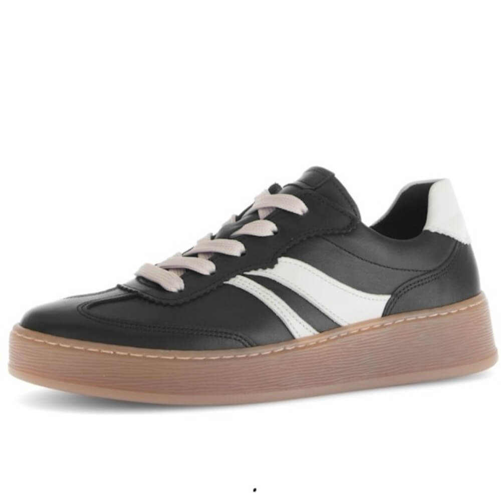 Black and white sneaker with a brown sole on a white background Gabor Dahama Leather Trainers 76.475-Black Latte