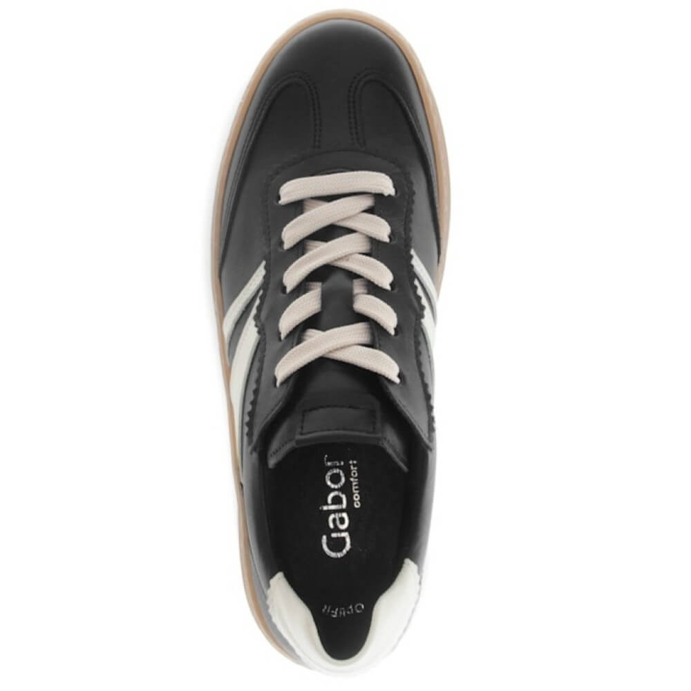 Black and white sneaker with a brown sole on a white background Gabor Dahama Leather Trainers 76.475-Black Latte