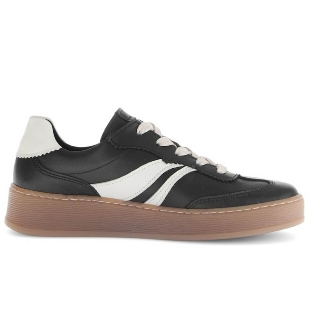 Black and white sneaker with a brown sole on a white background Gabor Dahama Leather Trainers 76.475-Black Latte