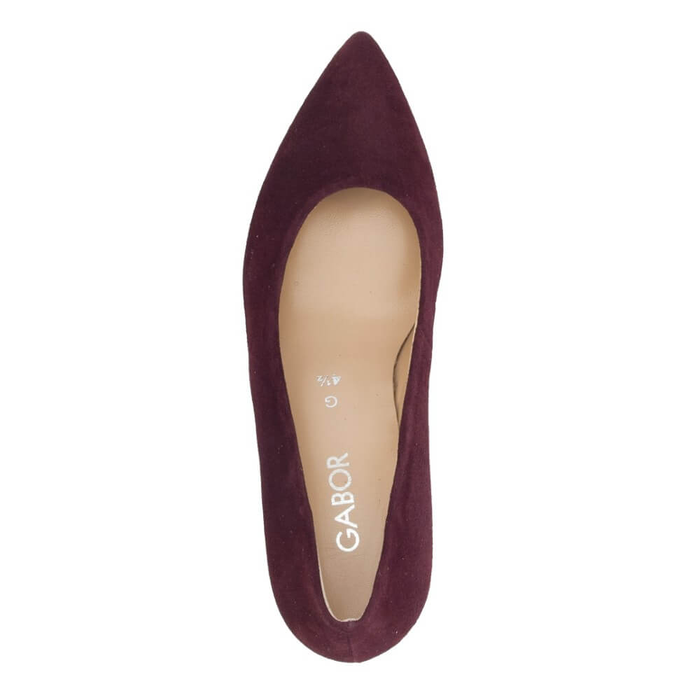 A Gabor women's pointed-toe flat shoe in deep burgundy suede, shown from a top-down view on a plain white background. The beige insole features the brand name 'GABOR' printed vertically.