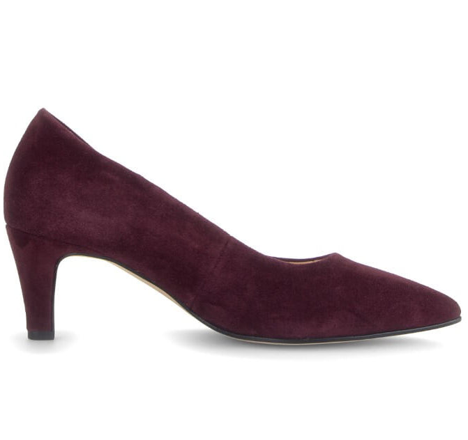 A Gabor dark plum purple suede pump with a pointed toe and mid-height stiletto heel, shown in profile against a plain white background.