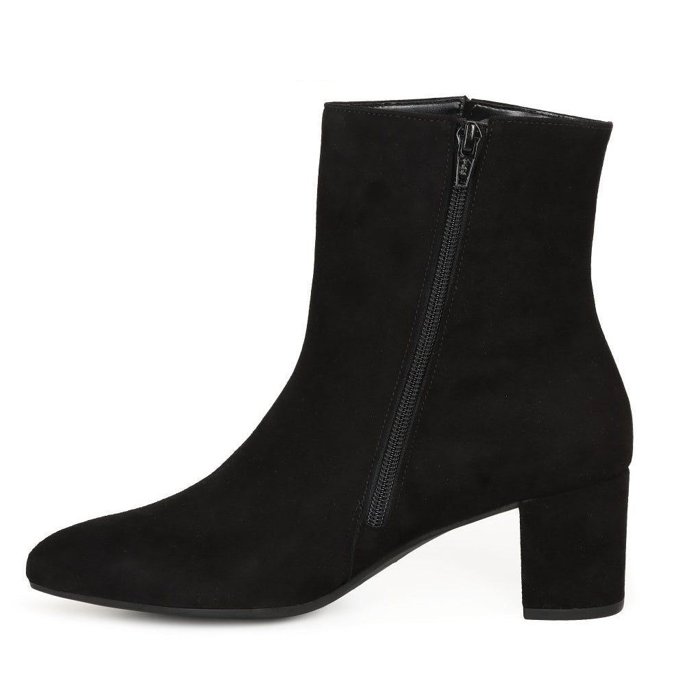 A Gabor black suede ankle boot with a block heel and side zipper, shown from a side profile on a white background.