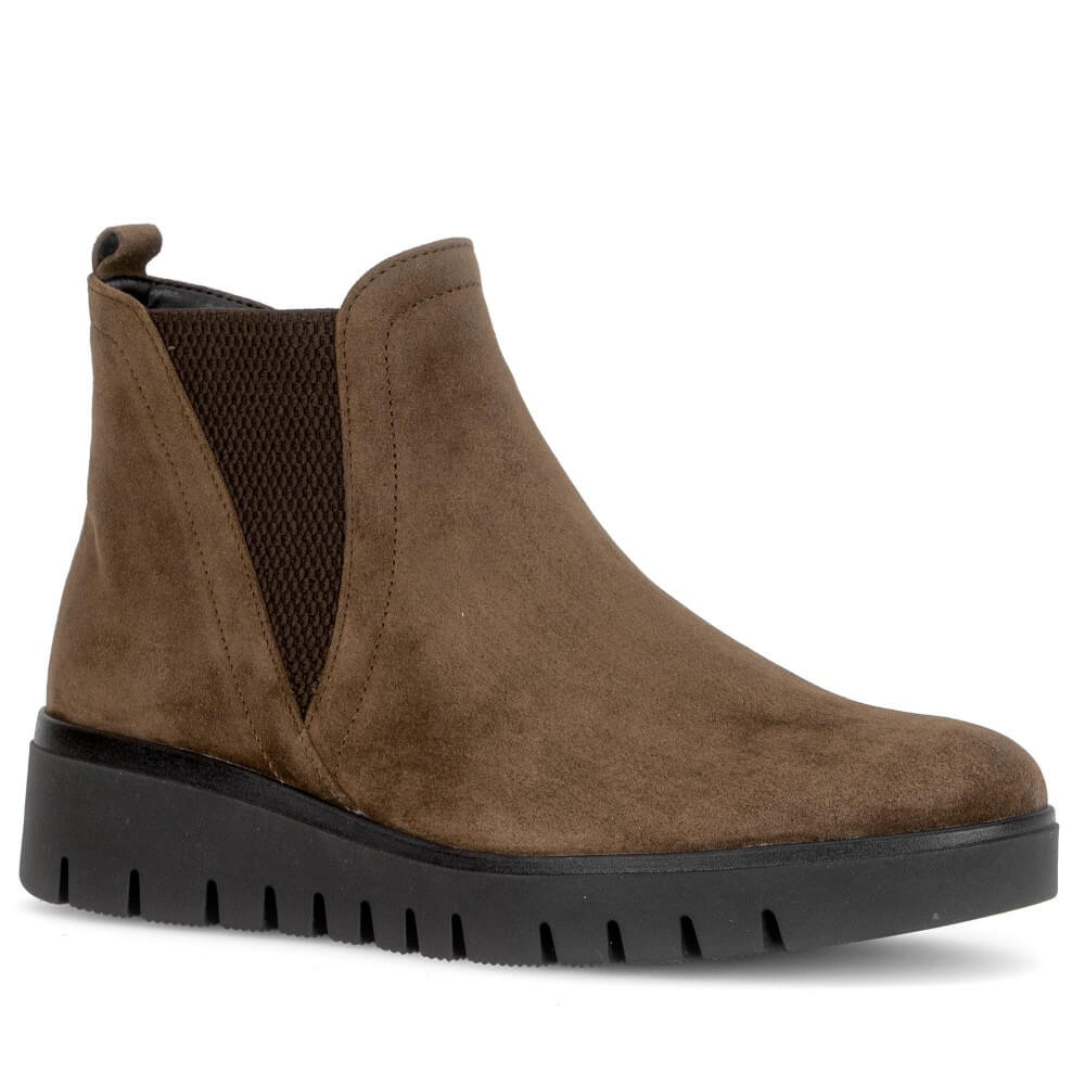 A Gabor brown suede ankle boot with a side elastic gusset and a chunky black lug sole, shown from a side profile view on a white background.