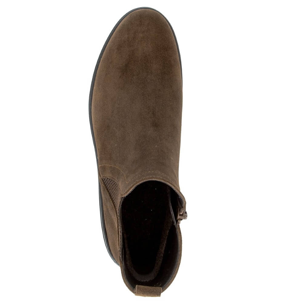 A Gabor brown suede ankle boot with a side elastic gusset and a chunky black lug sole, shown from a top profile view on a white background.