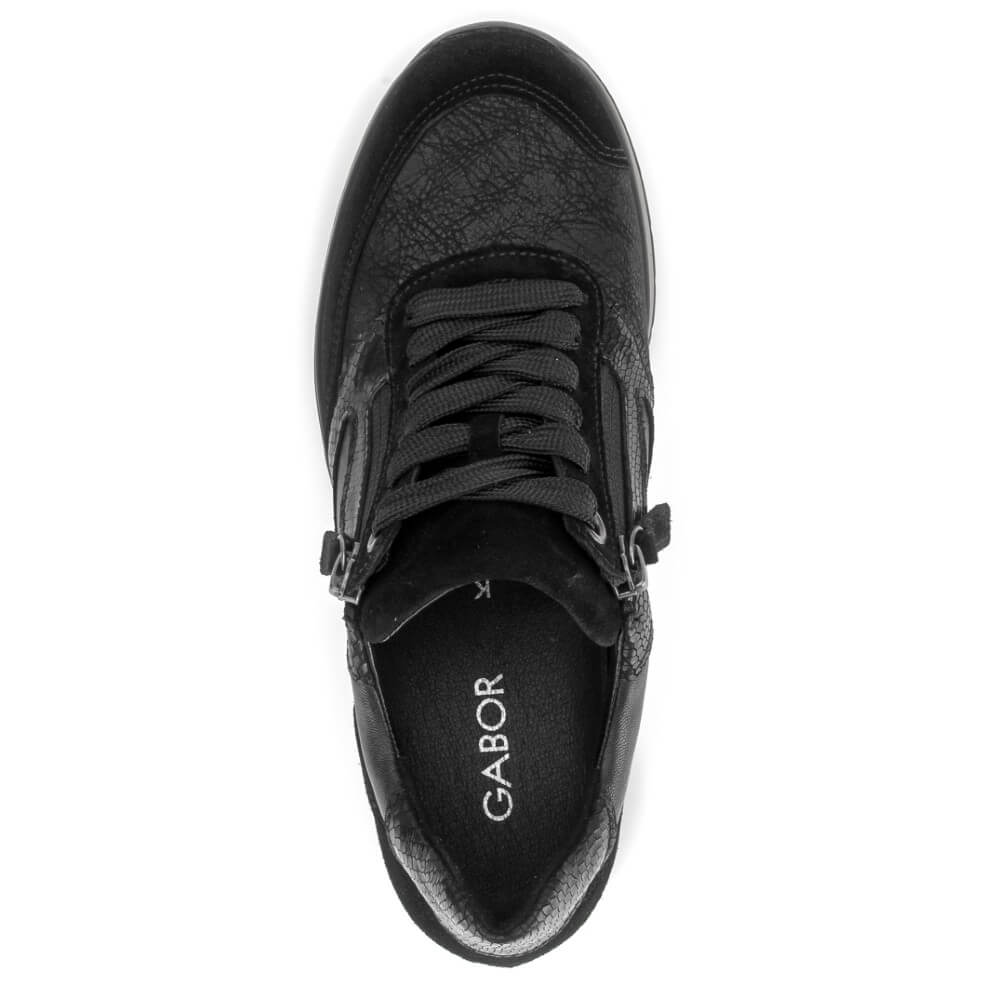 A Gabor black leather sneaker shown from a top-down view on a solid white background, featuring the brand name 'GABOR' printed on the black insole.