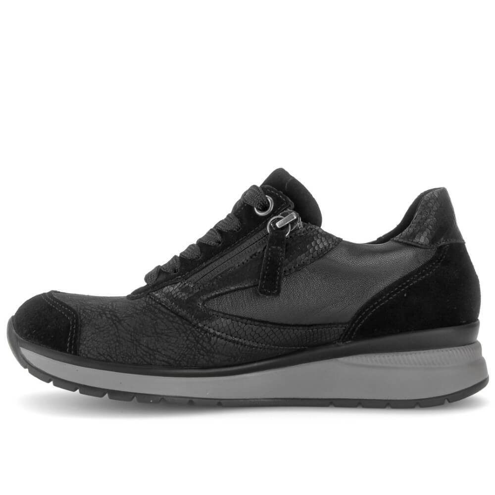 A Gabor black leather and suede low-top sneaker with a side zipper, black laces, and a thick grey sole, shown in a side profile on a white background.