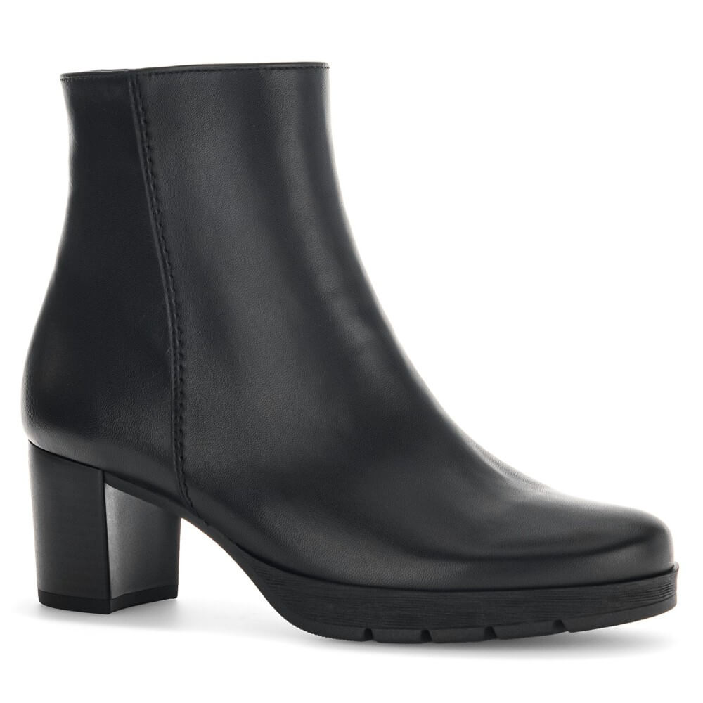 A Gabor black leather ankle boot with a chunky block heel and rounded toe, shown from a side profile on a white background.