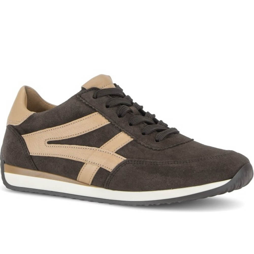 A single Gabor brand low-top sneaker shown from a side view. The shoe features a dark brown suede upper with beige leather side stripes, beige lining, and brown laces, set against a plain white background.
