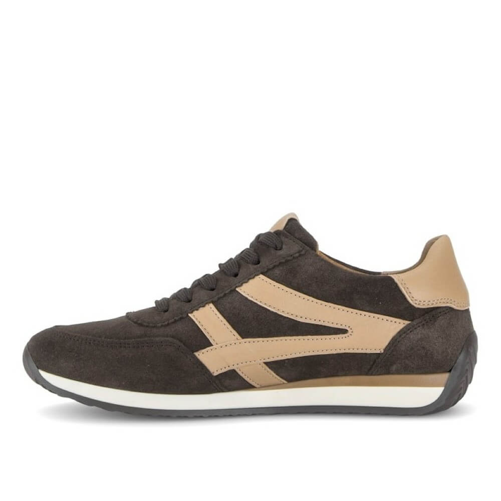 A single Gabor brand low-top sneaker shown from a side view. The shoe features a dark brown suede upper with beige leather side stripes, beige lining, and brown laces, set against a plain white background.