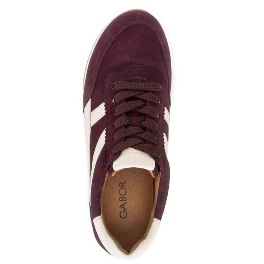 A single Gabor brand low-top sneaker shown from a top-down view. The shoe features a deep burgundy suede upper with contrasting white side stripes, a matching burgundy lace, and a tan interior lining.