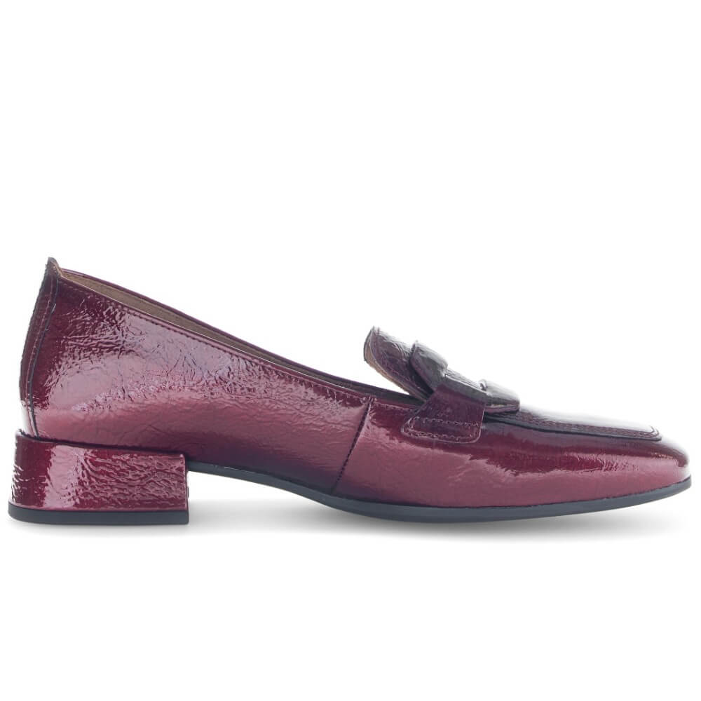 Burgundy patent leather loafer shoe on a white background Gabor heeled loafers 75.261 Wine