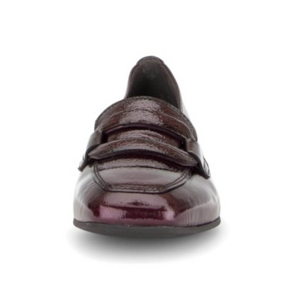 Gabor patent leather loafer in a deep burgundy colour, featuring a low block heel and a decorative strap detail across the vamp, shown against a plain white background.