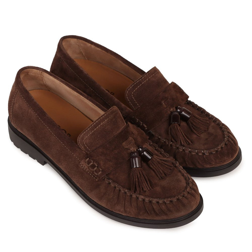 A pair Gabor of dark brown suede moccasin-style loafers with decorative tassels and whipstitching, shown on a clean white background.