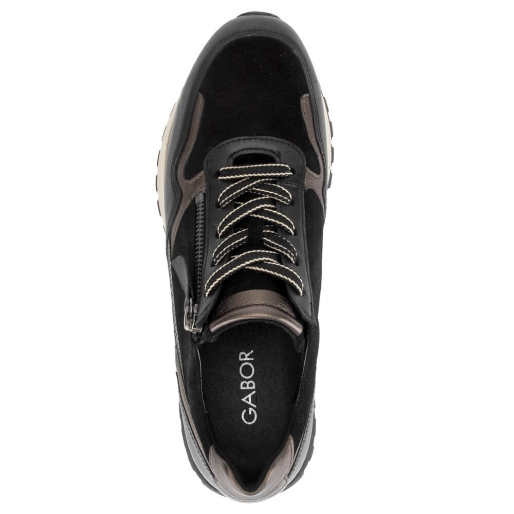 Gabor black leather lace-up sneaker with a side zipper, black laces with white contrast stitching, and a chunky black sole with a beige midsole accent, shown from a top-facing perspective on a white background.