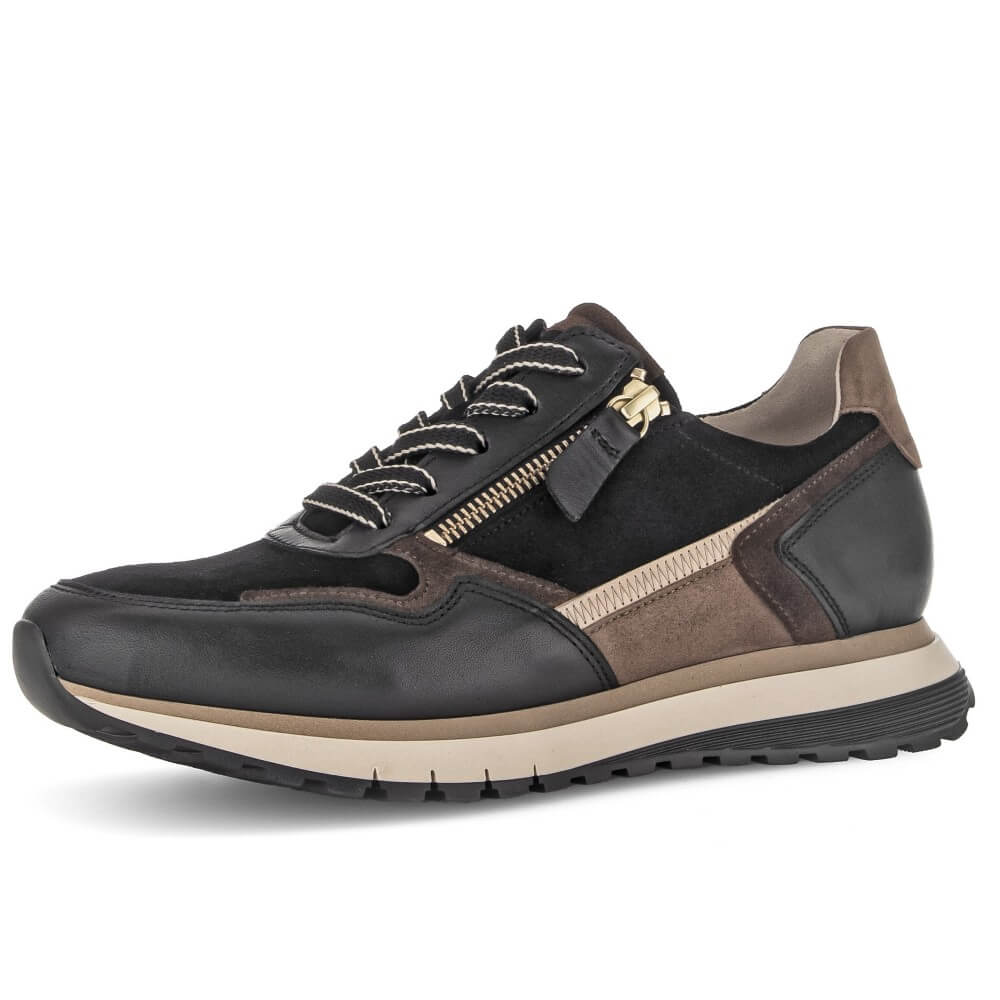Black and brown sneaker, laced with a gold zipper on a white background Gabor Hollywell H Fit Laced 76.378-BLACK MULTI