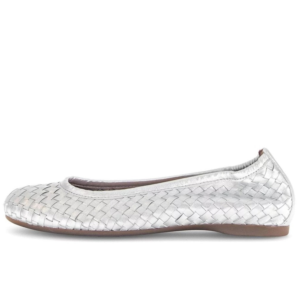 Gabor Silver Woven Ballerinas on a white background
