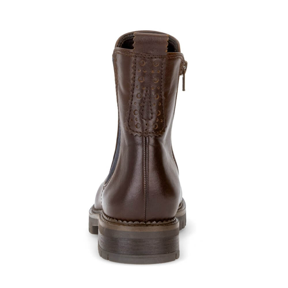 A Gabor dark brown leather ankle boot shown from the back, featuring decorative stitching and a side zipper, set against a plain white background.