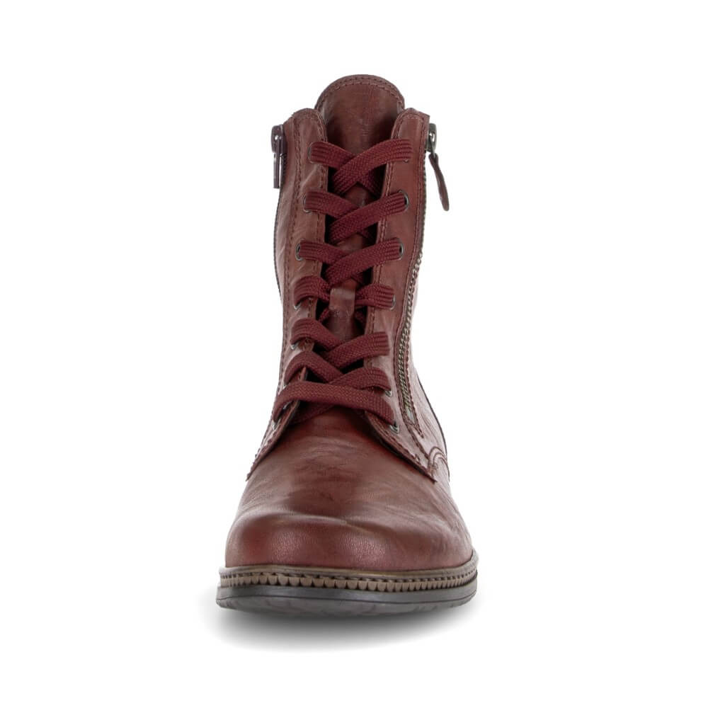 A Gabor mid-calf lace-up boot in reddish-brown leather, shown from the front on a plain white background. It features a side zipper, matching brown laces, and a dark outsole.