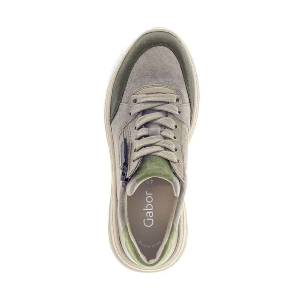 Gray and green sneaker on a white background Gabor Romance Leather Trainer 73.373 Olive Green