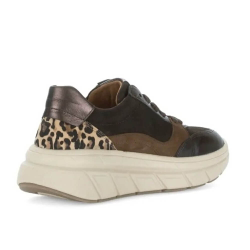 Brown and black sneaker with leopard print accents. Gabor Romance Leather Trainer 73.373 Chocolate Brown