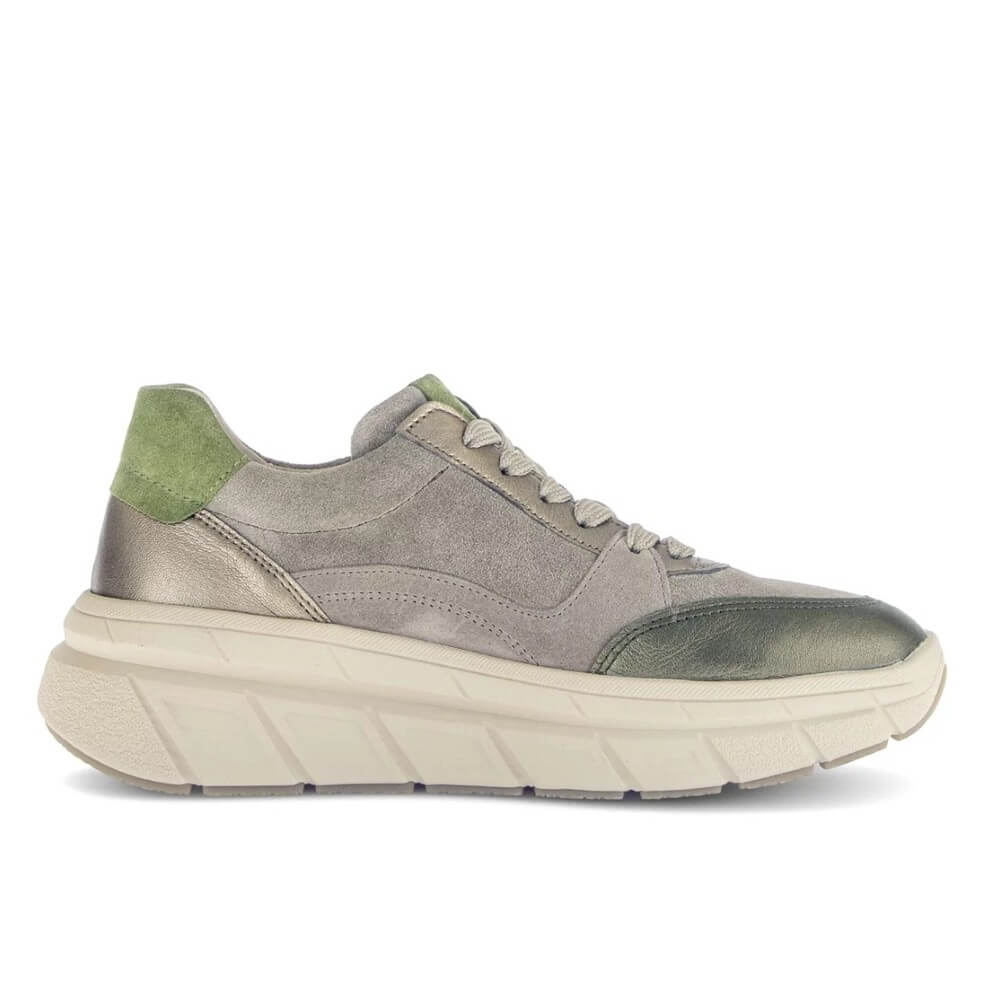 Gray and green sneaker on a white background Gabor Romance Leather Trainer 73.373 Olive Green