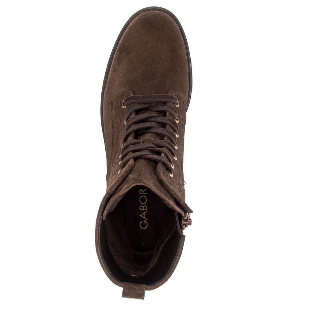 A Gabor brown suede lace-up ankle boot with gold-tone buckle details on the side, a chunky black sole, and a low block heel, shown against a plain white background.