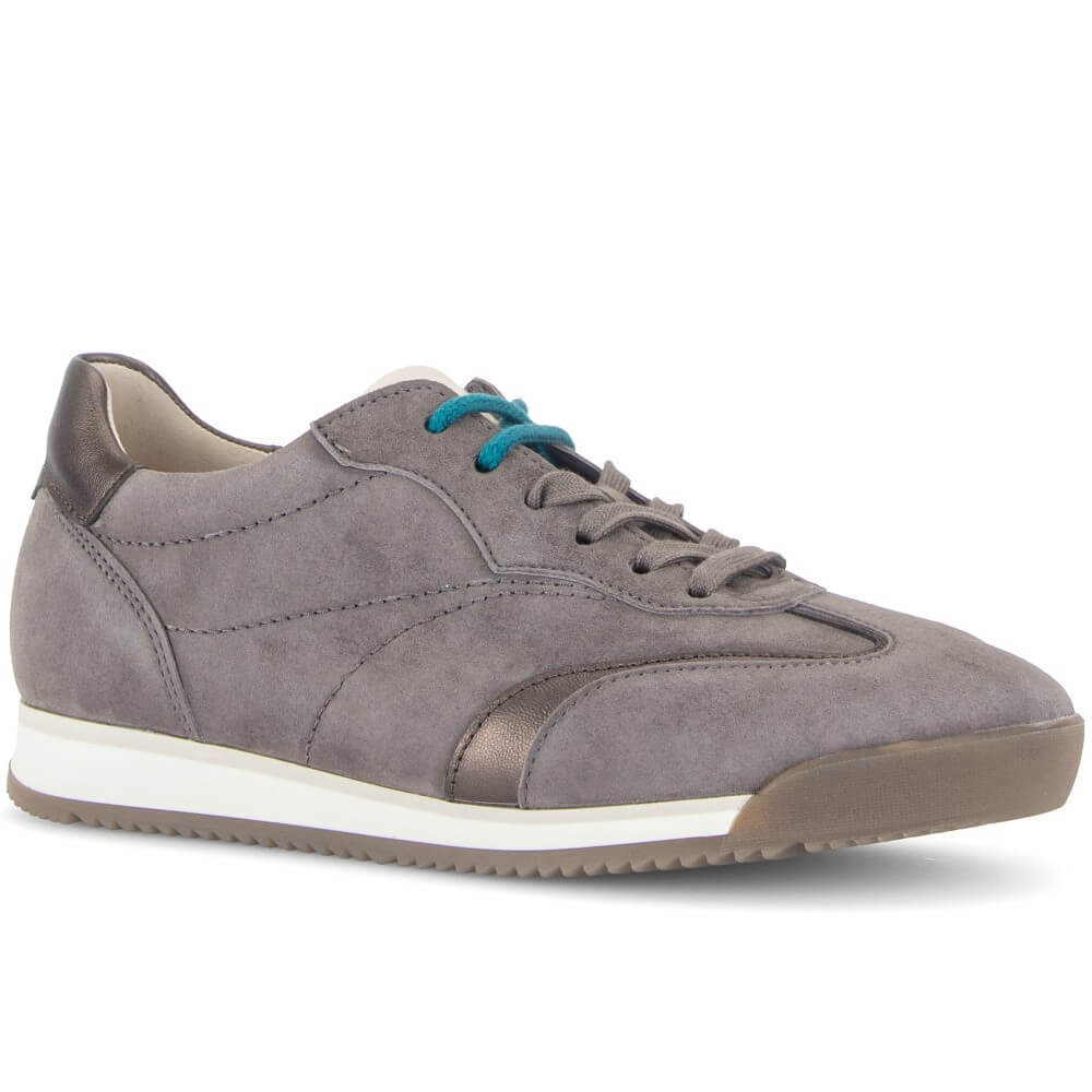 A Gabor low-top suede sneaker in grey with metallic grey accents, a white midsole, and bright turquoise laces, shown on a white background.